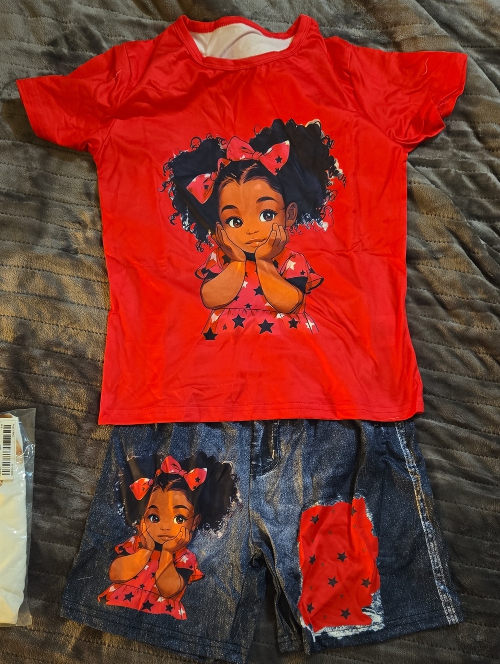 Red Girls Two-Piece Outfit with Cartoon Girl Print